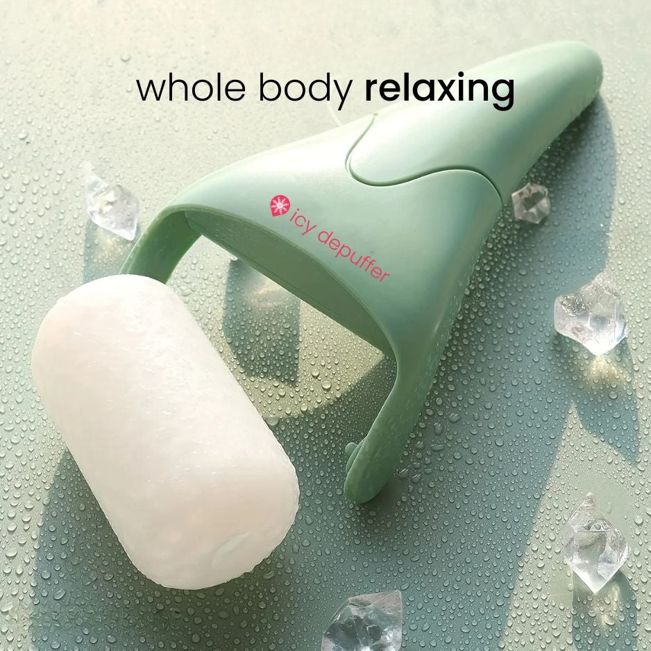 ice roller on a wet surface, surrounded by ice cubes. Text reads "whole body relaxing" and "icy depuffer," a soothing vibe.