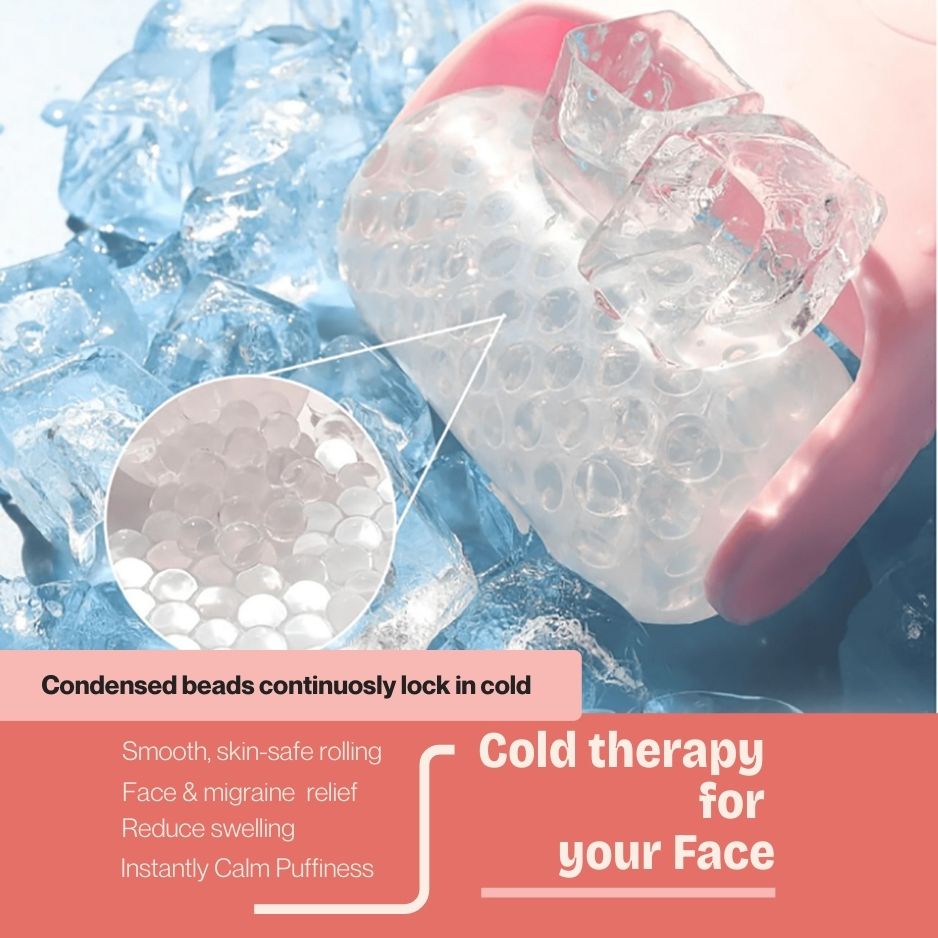 A facial roller with ice cubes and gel beads, cold therapy for face like swelling reduction and calming puffiness.