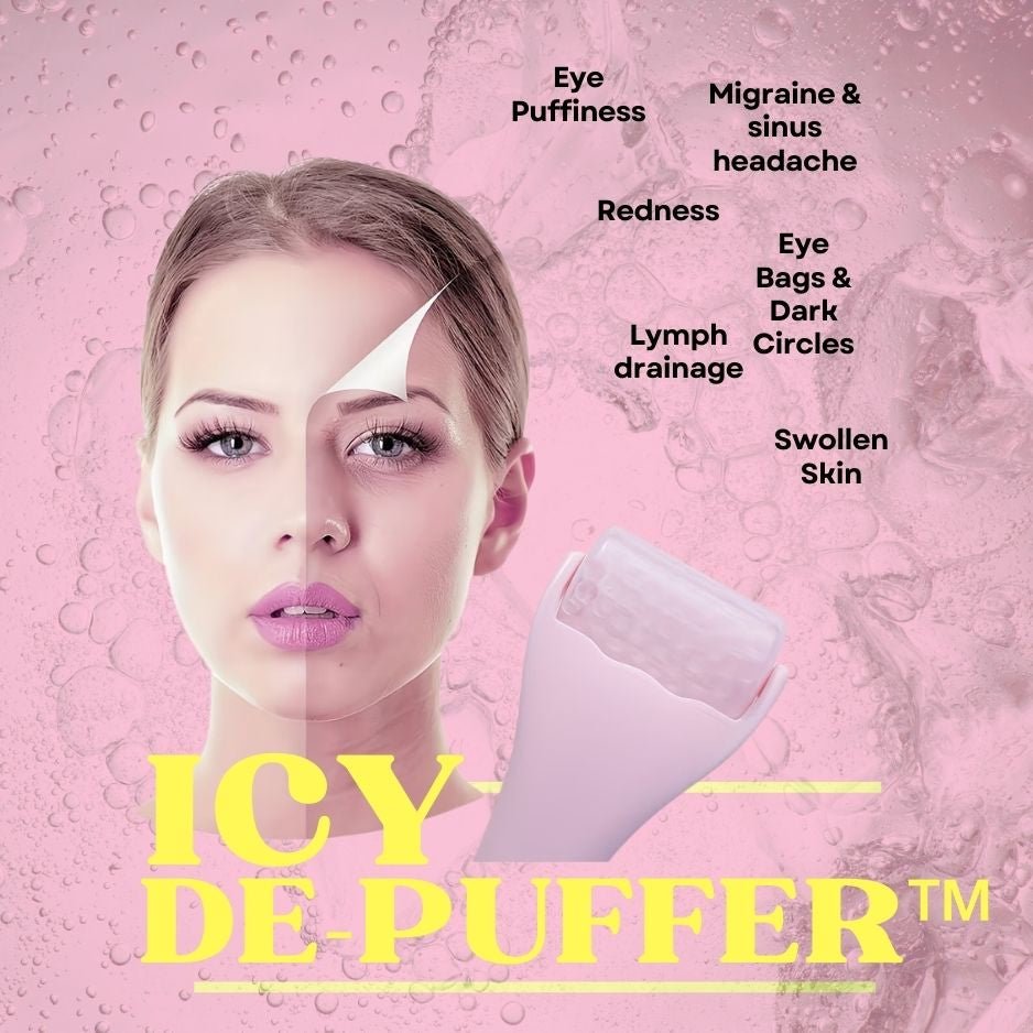 A woman’s face is shown with a comparison effect; a pink facial ice roller appears beside her. Reduced puffiness and redness